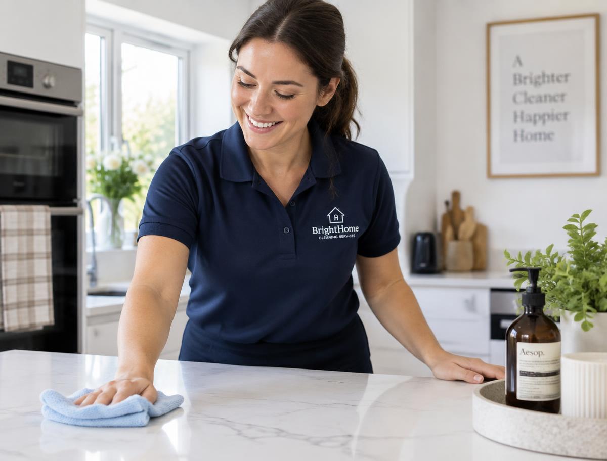 Tidy Base cleaner polishing a kitchen worktop